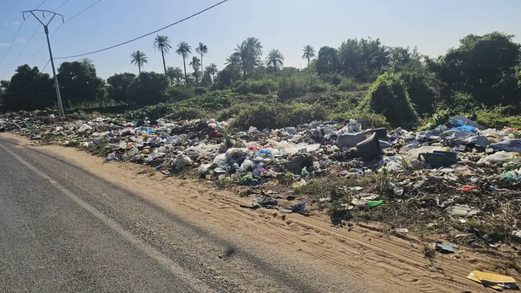 Viel Plastikmüll an einer Hauptstraße in Gambia,