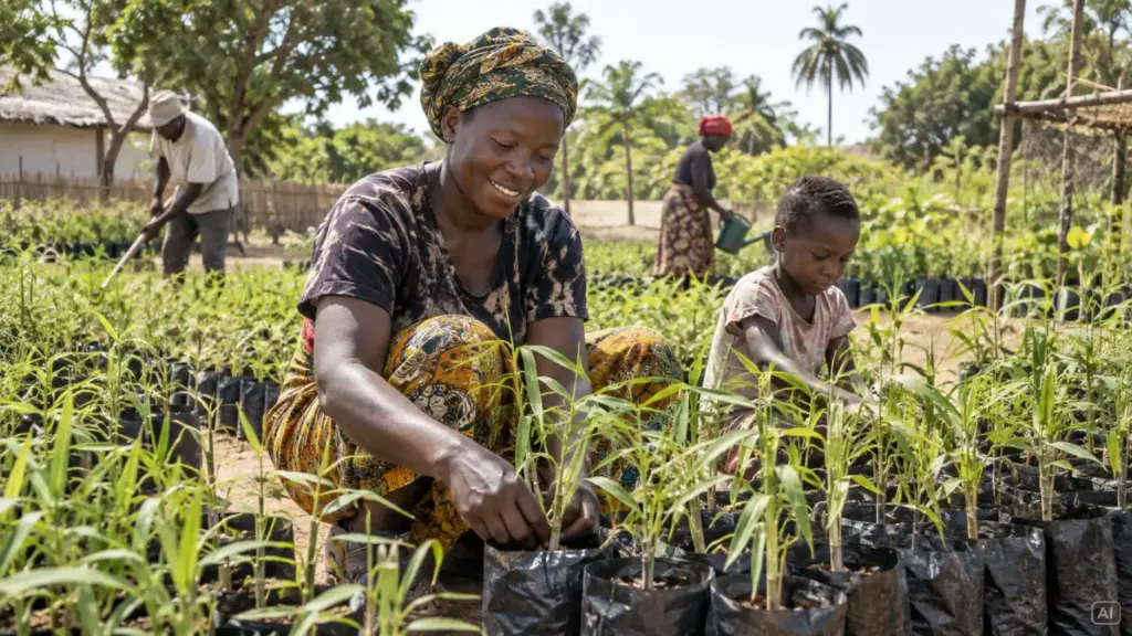 Eine Frau pflegt junge Bambussetzlinge in einer Nursery in Gambia – ein Beispiel für nachhaltigen Anbau und neue Einkommensmöglichkeiten für Familien und Frauen.