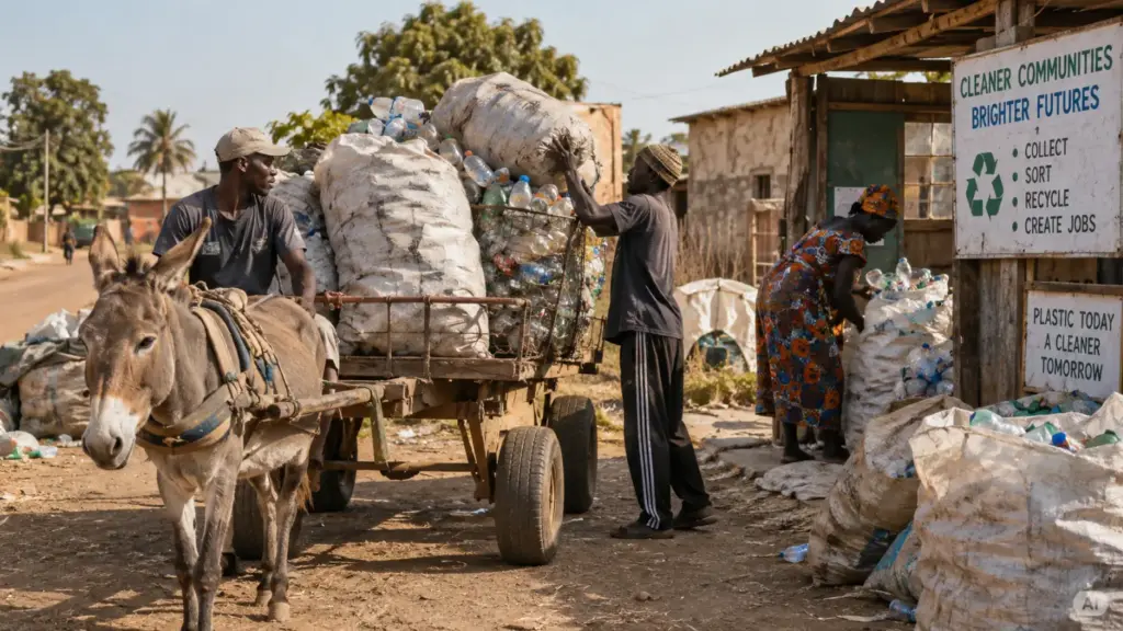 Gesammelte Plastikflaschen werden in großen Säcken mit einem einfachen Transportwagen abgeholt – eine mögliche lokale Lösung für Müllsammlung und Recycling in Gambia.