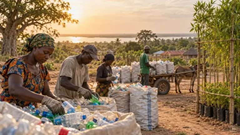 Menschen in Gambia sortieren gesammelte Plastikflaschen neben einer Bambus-Nursery – Müllsammlung, Recycling und lokale Einkommensmöglichkeiten werden miteinander verbunden.