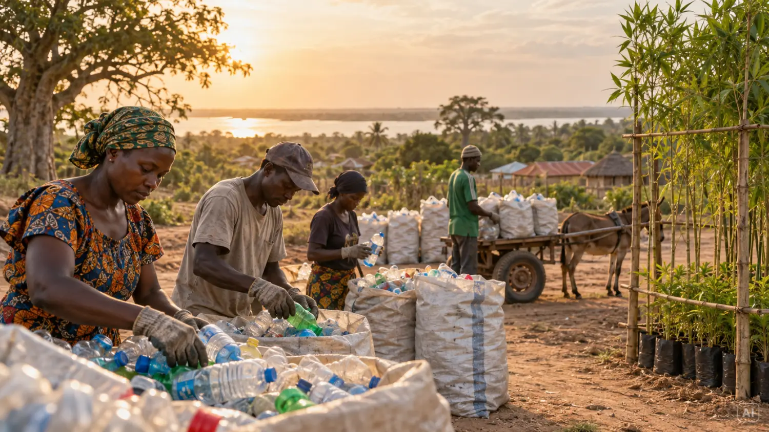 Menschen in Gambia sortieren gesammelte Plastikflaschen neben einer Bambus-Nursery – Müllsammlung, Recycling und lokale Einkommensmöglichkeiten werden miteinander verbunden.