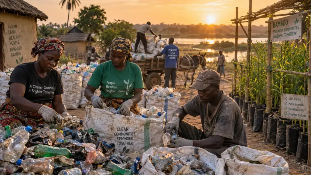 Frauen und Männer sortieren gesammelten Plastikmüll in Gambia, während Säcke mit Wertstoffen für den Weitertransport vorbereitet werden.